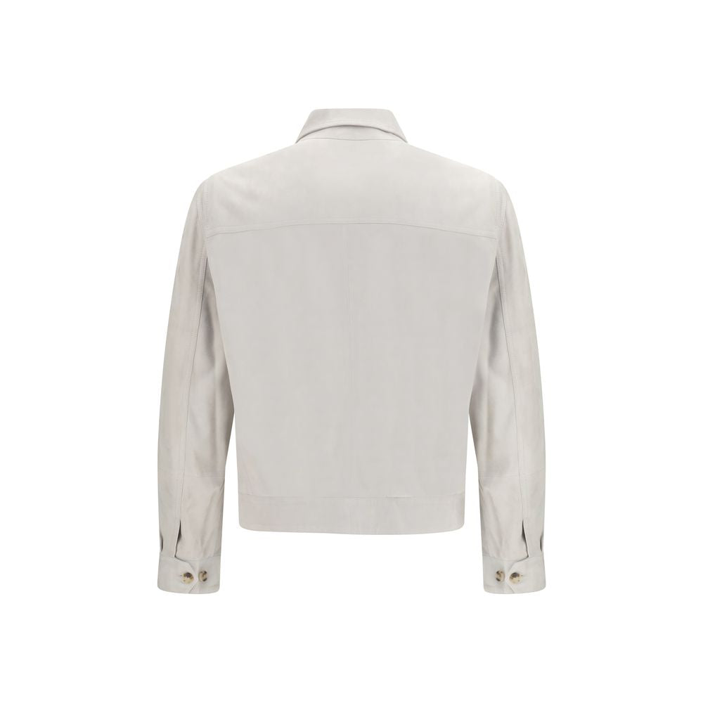 Jacket by Brunello Cucinelli for men in cupro & suede leather beige & horn showcases a contemporary silhouette, detailed with a contemporary and premium pockets for a sophisticated finish.
