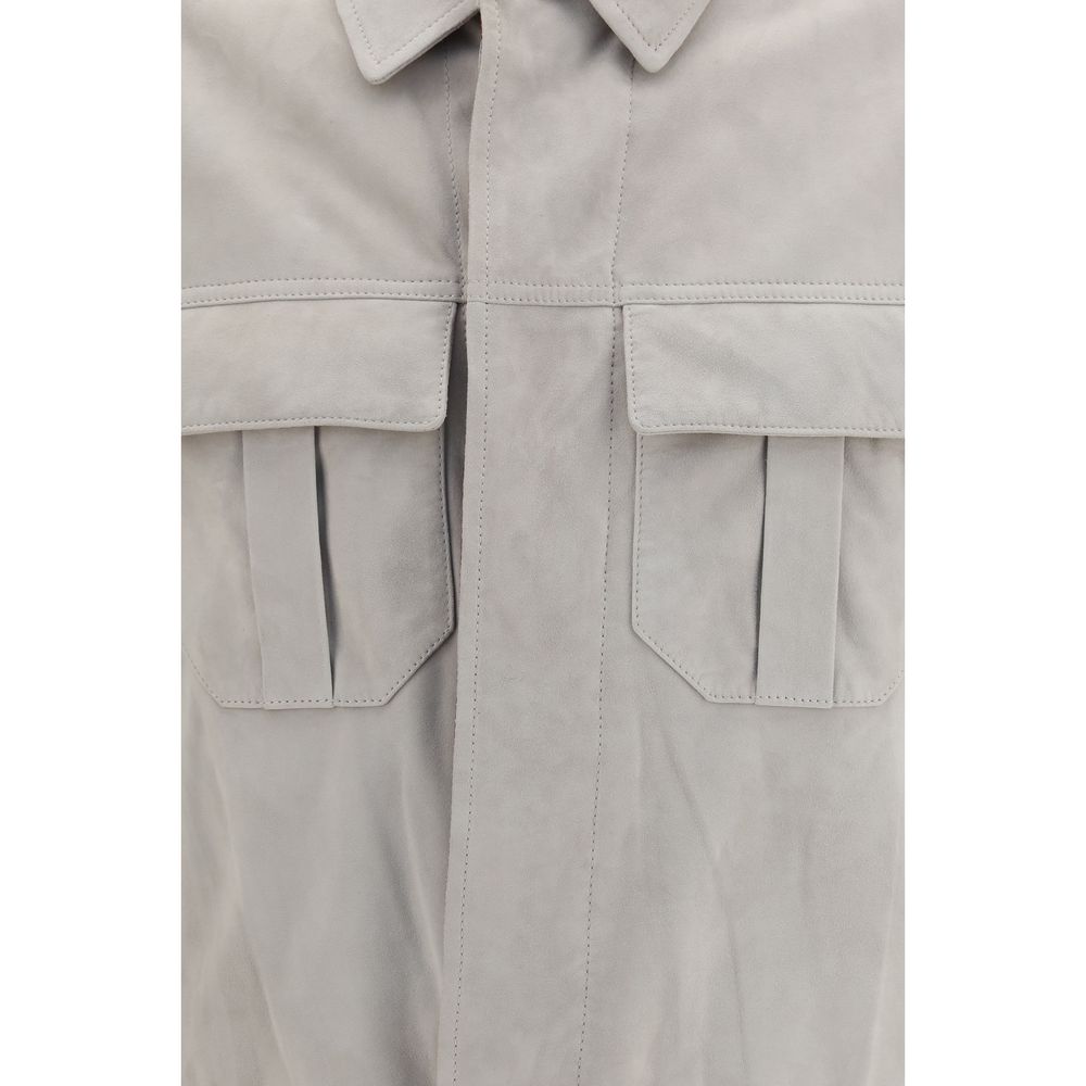 Jacket by Brunello Cucinelli for men in cupro & suede leather beige & horn features a smart silhouette, perfectly accentuated by its unique and functional pockets for a smart finish.