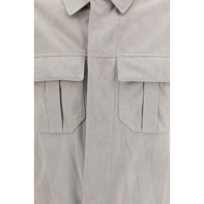 Jacket by Brunello Cucinelli for men in cupro & suede leather beige & horn features a smart silhouette, perfectly accentuated by its unique and functional pockets for a smart finish.