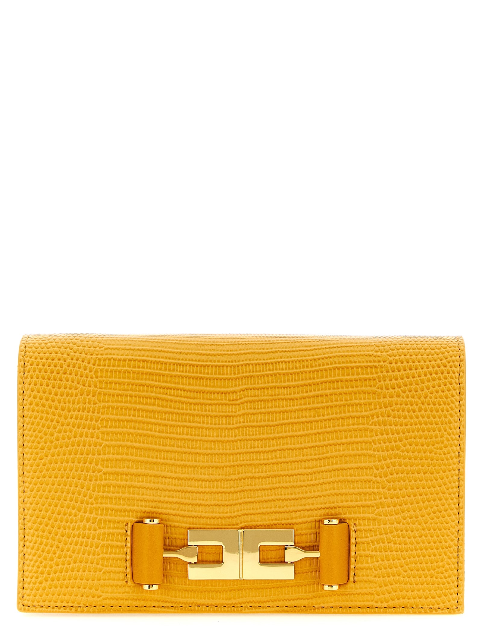 Small 2-in-1 Shoulder & Crossbody Evening Handbag by Elisabetta Franchi for women in polyester & polyurethane beige, gold, mustard & yellow features a multifaceted silhouette, showcasing a secure flap & magnetic and multifaceted with versatile crossbody-strap & shoulder-strap for multifaceted style.