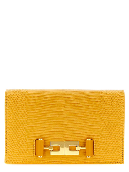 Small 2-in-1 Shoulder & Crossbody Evening Handbag by Elisabetta Franchi for women in polyester & polyurethane beige, gold, mustard & yellow features a multifaceted silhouette, showcasing a secure flap & magnetic and multifaceted with versatile crossbody-strap & shoulder-strap for multifaceted style.