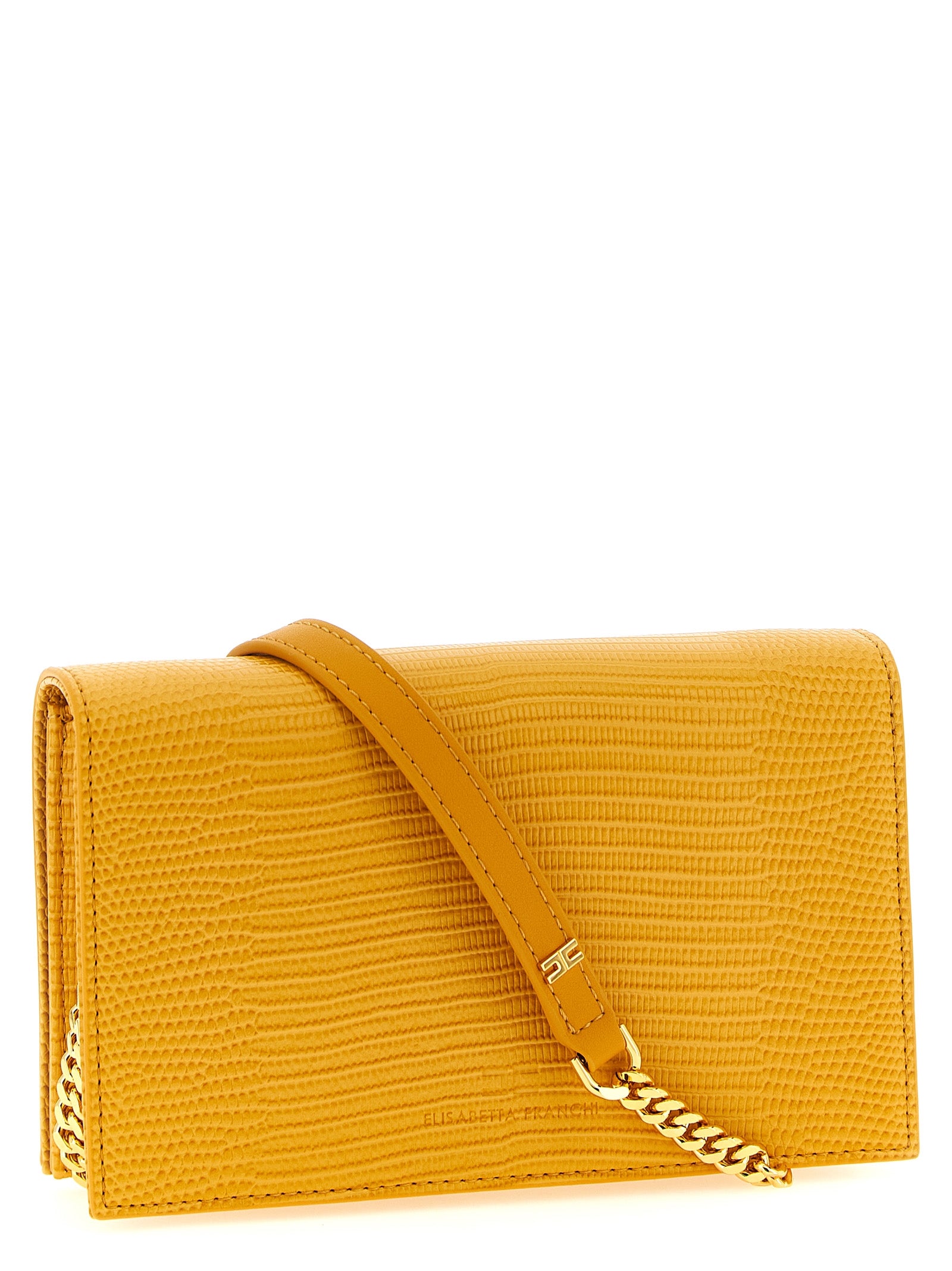 Small 2-in-1 Shoulder & Crossbody Evening Handbag by Elisabetta Franchi for women in polyester & polyurethane beige, gold, mustard & yellow features a transformative elegance silhouette, showcasing a secure flap & magnetic, organized , and versatile crossbody-strap & shoulder-strap for a transformative elegance look.