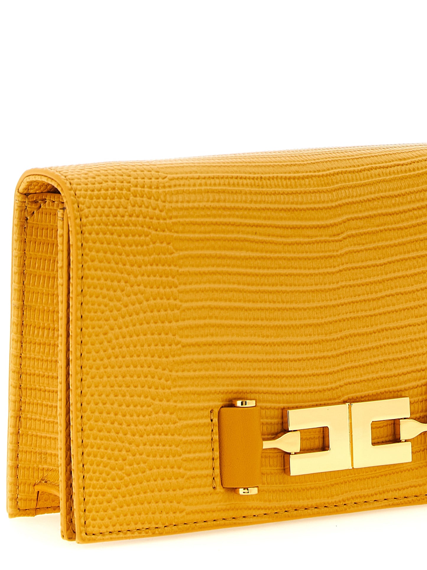 Small 2-in-1 Shoulder & Crossbody Evening Handbag by Elisabetta Franchi for women in polyester & polyurethane beige, gold, mustard & yellow features a versatile chic silhouette, meticulously detailed with a secure flap & magnetic, ample , and versatile crossbody-strap & shoulder-strap.