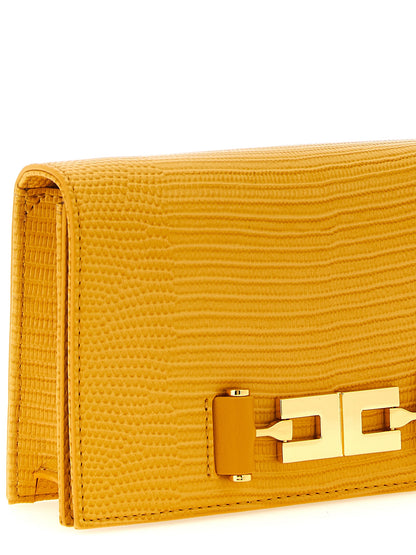 Small 2-in-1 Shoulder & Crossbody Evening Handbag by Elisabetta Franchi for women in polyester & polyurethane beige, gold, mustard & yellow features a versatile chic silhouette, meticulously detailed with a secure flap & magnetic, ample , and versatile crossbody-strap & shoulder-strap.