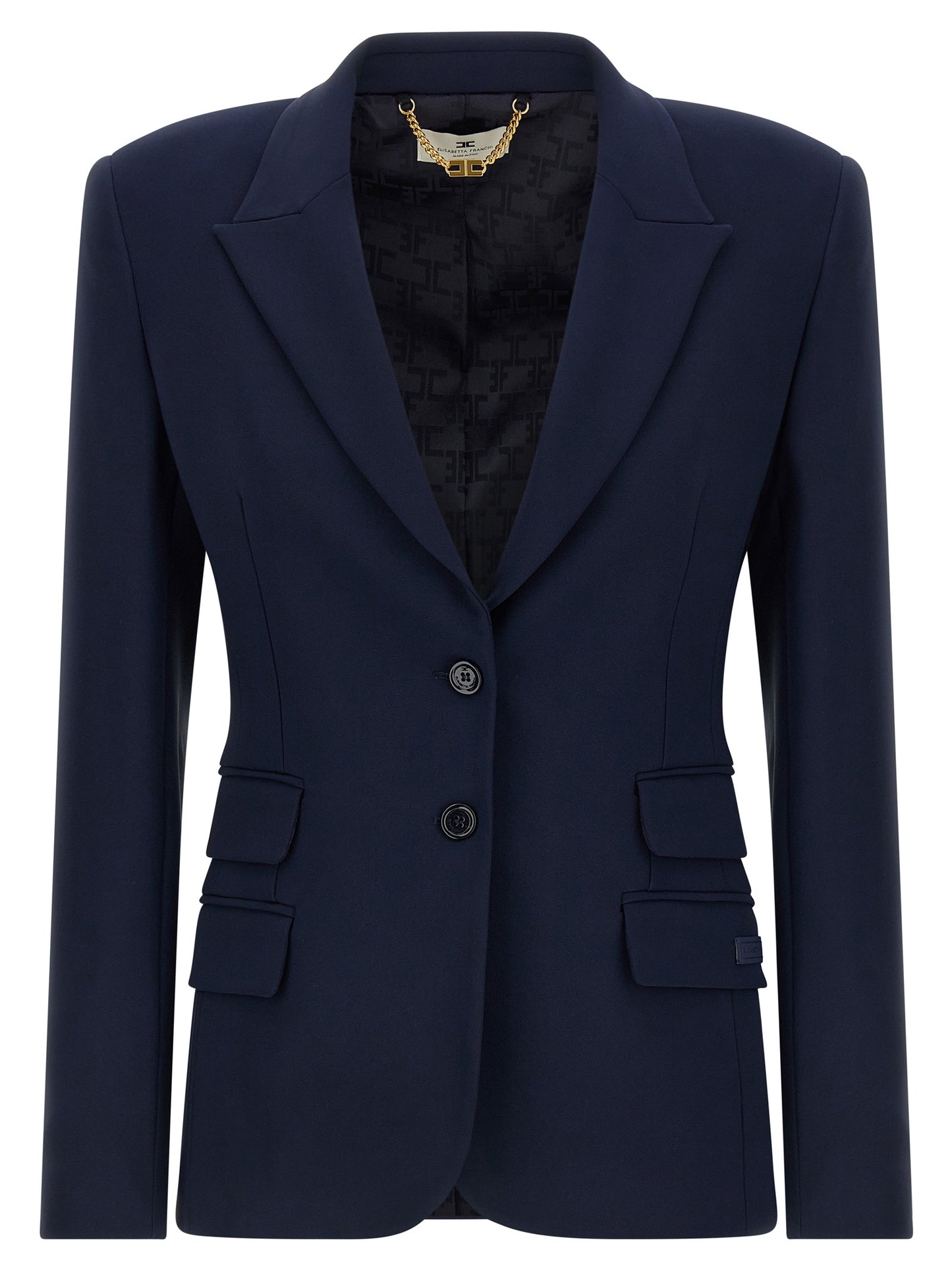Blazer by Elisabetta Franchi for women in polyester satin crepe blue, gold & monogram features an sartorial silhouette, showcasing a sophisticated and sartorial for a truly sartorial finish.
