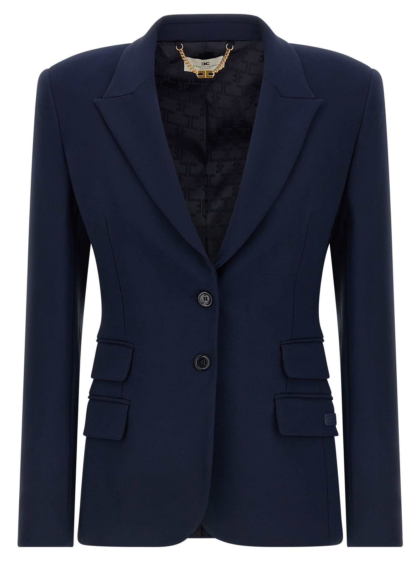 Blazer by Elisabetta Franchi for women in polyester satin crepe blue, gold & monogram features an sartorial silhouette, showcasing a sophisticated and sartorial for a truly sartorial finish.