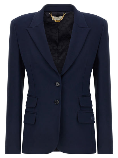 Blazer by Elisabetta Franchi for women in polyester satin crepe blue, gold & monogram features an sartorial silhouette, showcasing a sophisticated and sartorial for a truly sartorial finish.