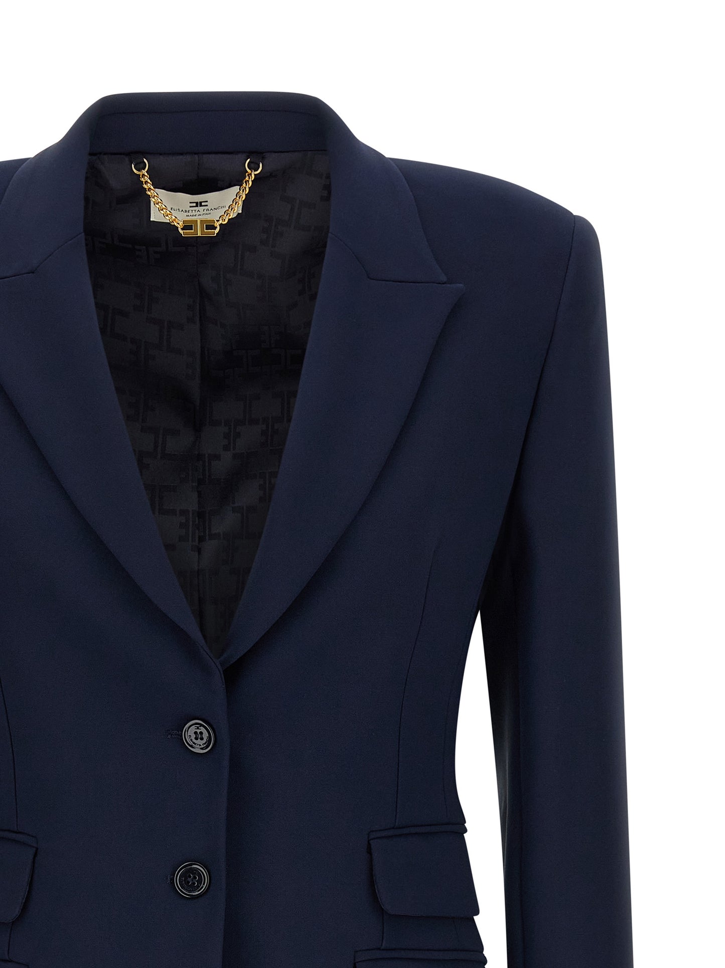 Blazer by Elisabetta Franchi for women in polyester satin crepe blue, gold & monogram showcases a polished silhouette, highlighted by a refined and polished for a sophisticated finish.