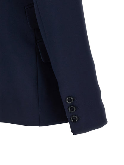 Blazer by Elisabetta Franchi for women in polyester satin crepe blue, gold & monogram features an sartorial silhouette, showcasing a sophisticated and sartorial for a truly sartorial finish.