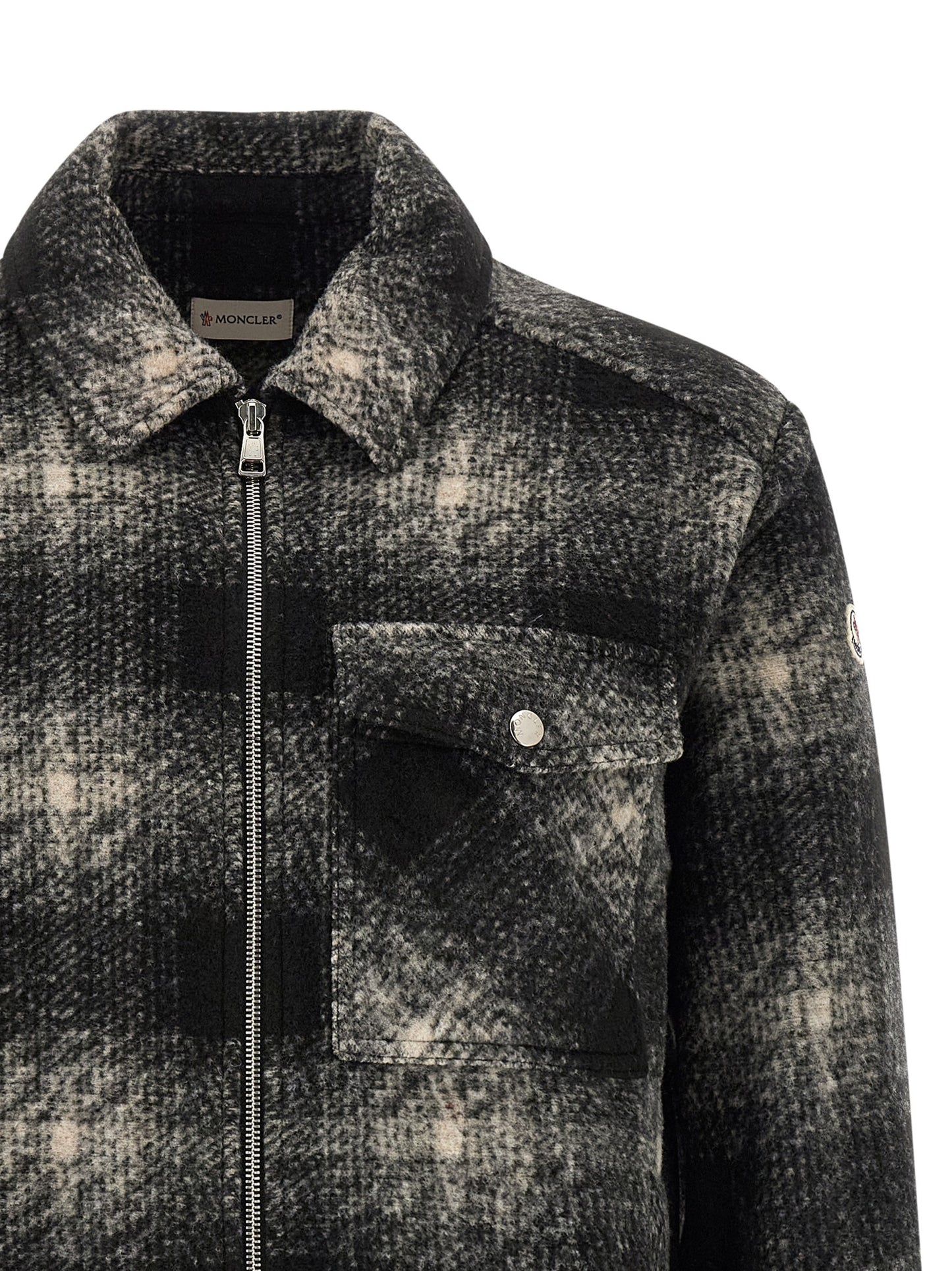 Overshirt by Moncler for men in acrylic wool & polyester black, gray, silver & patterned showcases a sleek silhouette, elegantly detailed with a sleek and for a sleek finish.