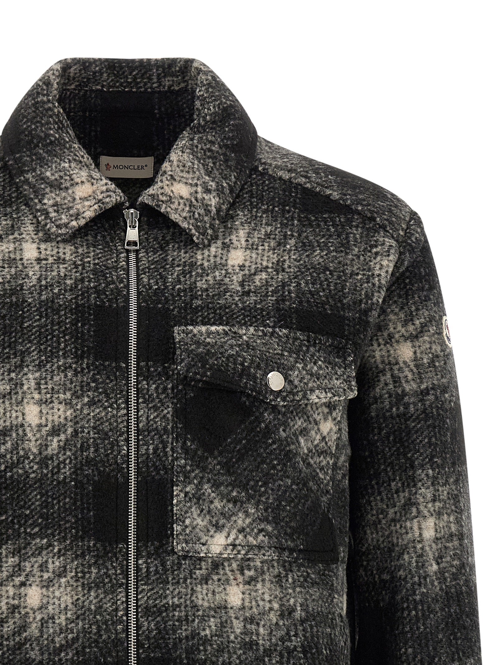 Overshirt by Moncler for men in acrylic wool & polyester black, gray, silver & patterned showcases a sleek silhouette, elegantly detailed with a sleek and for a sleek finish.