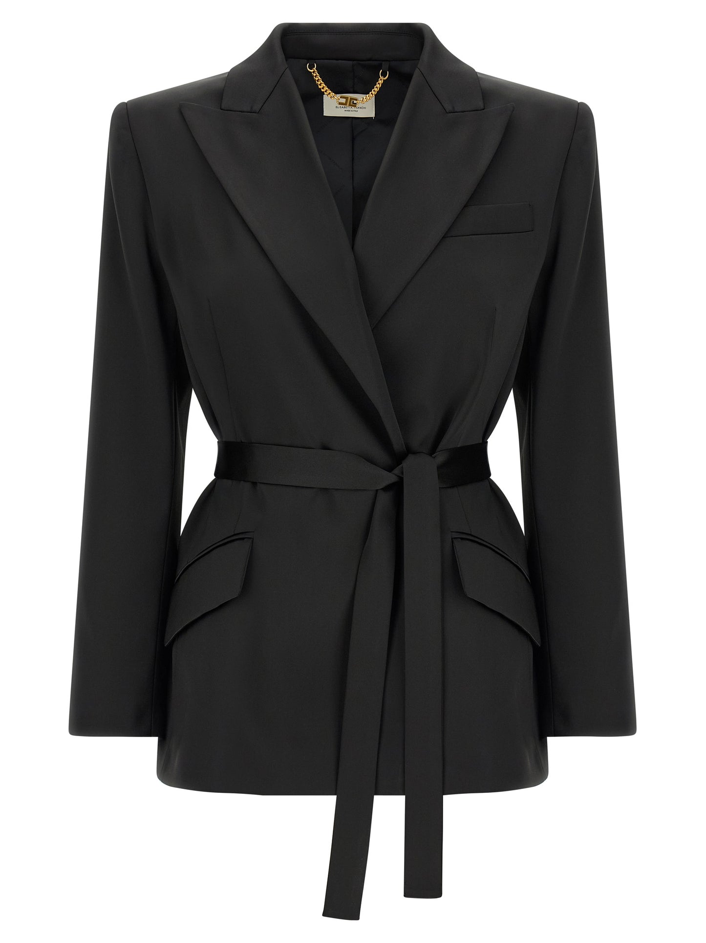 This Blazer by Elisabetta Franchi for women in polyester satin black, gold & signature presents a tailored silhouette, meticulously tailored with a tailored and distinctive for a tailored finish.