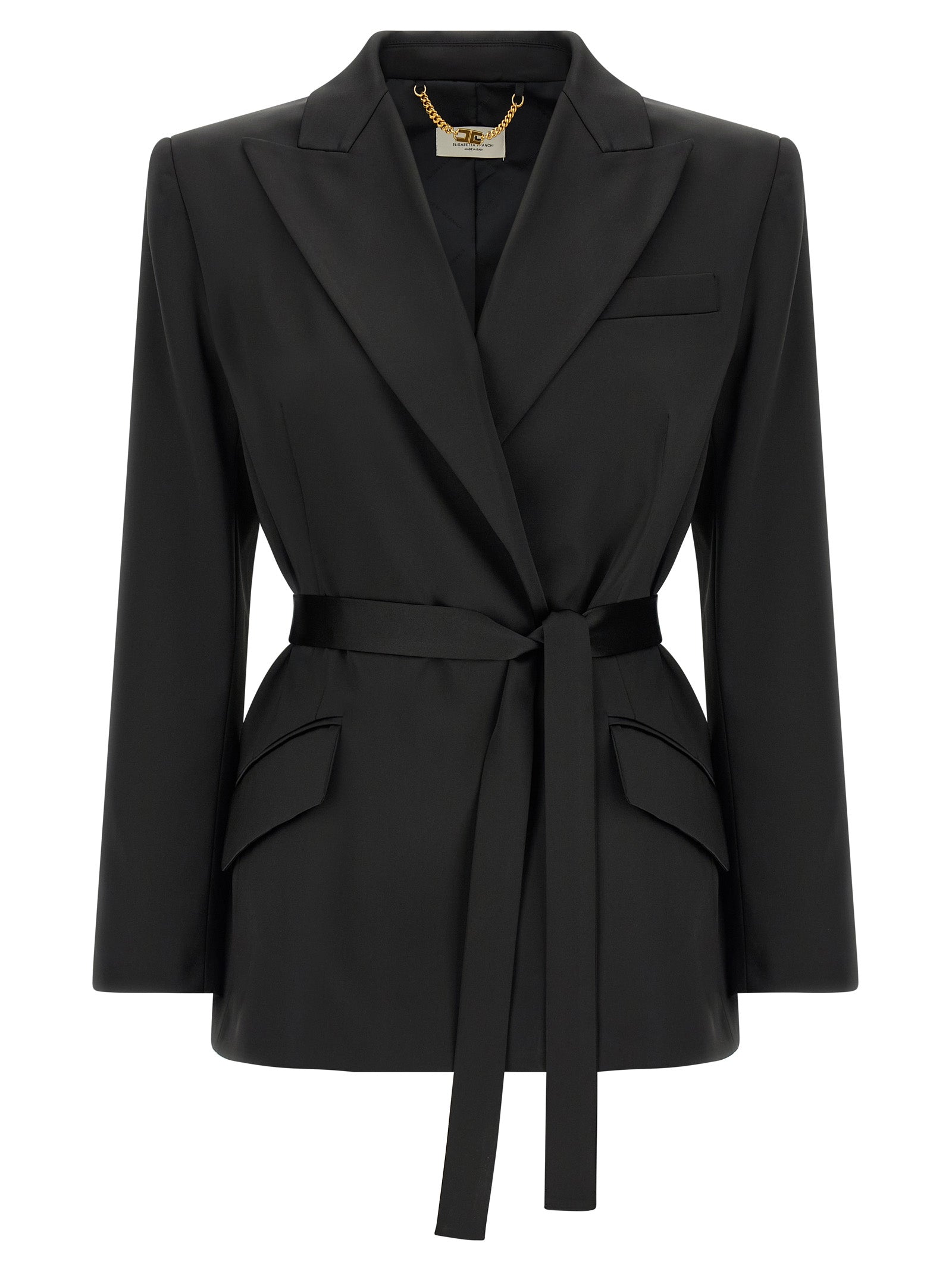 This Blazer by Elisabetta Franchi for women in polyester satin black, gold & signature presents a tailored silhouette, meticulously tailored with a tailored and distinctive for a tailored finish.