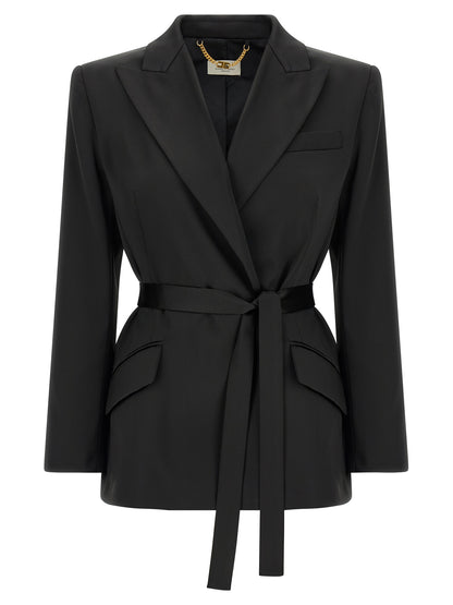 This Blazer by Elisabetta Franchi for women in polyester satin black, gold & signature presents a tailored silhouette, meticulously tailored with a tailored and distinctive for a tailored finish.
