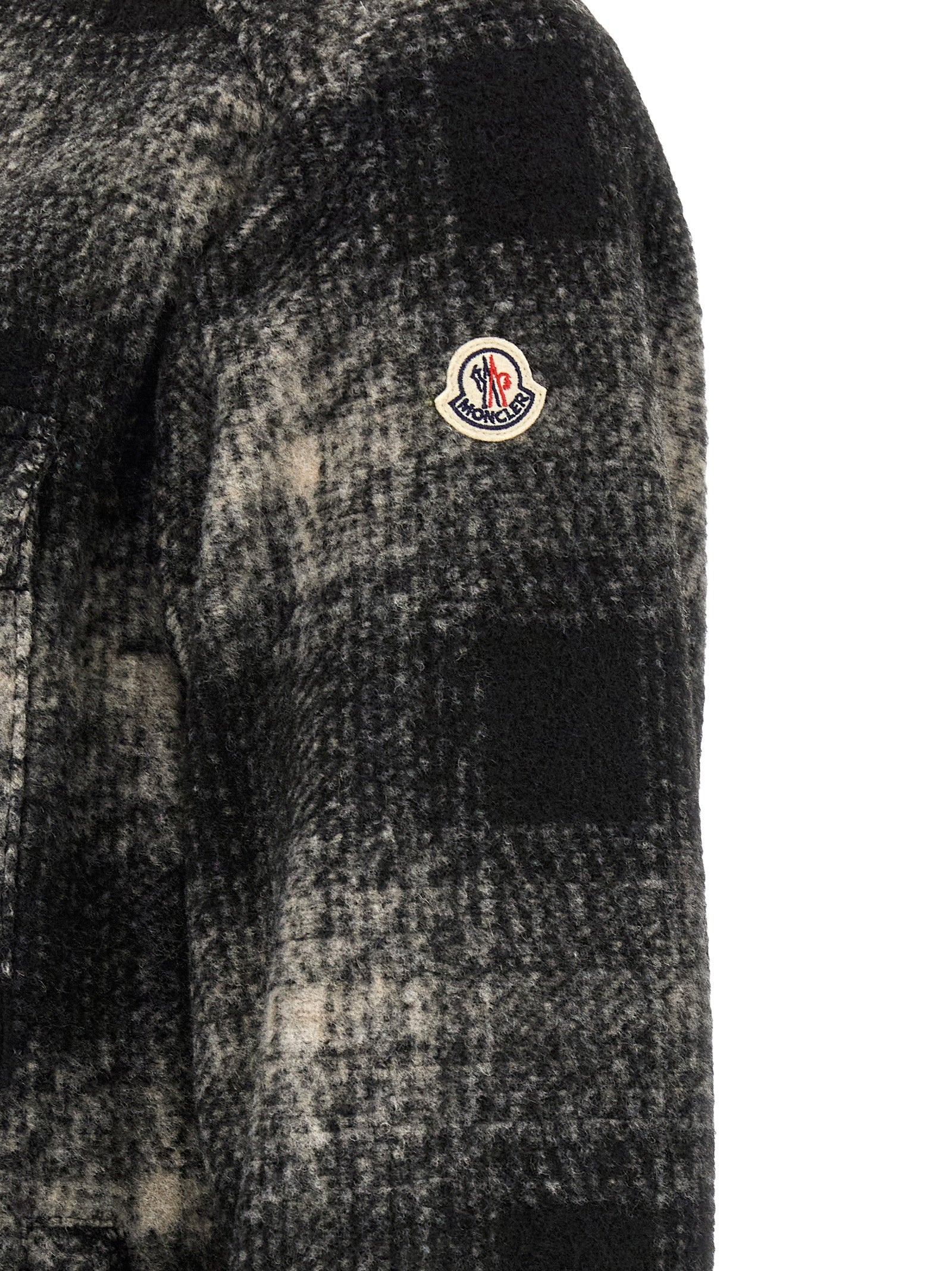 Overshirt by Moncler for men in acrylic wool & polyester black, gray, silver & patterned showcases a sharp silhouette, elegantly detailed with a sharp and sharp .