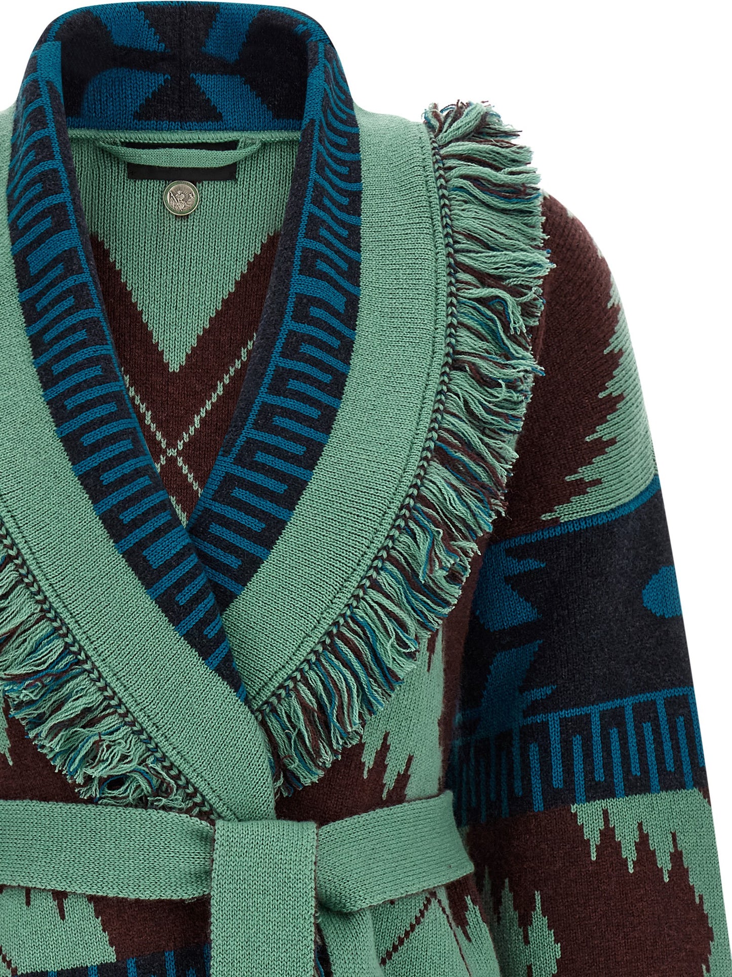 Cardigan by Alanui for women in cashmere multicolor, patterned & jacquard presents a textural silhouette, artfully finished with a textural wrap shawl-collar neckline and for a sophisticated, textural look.