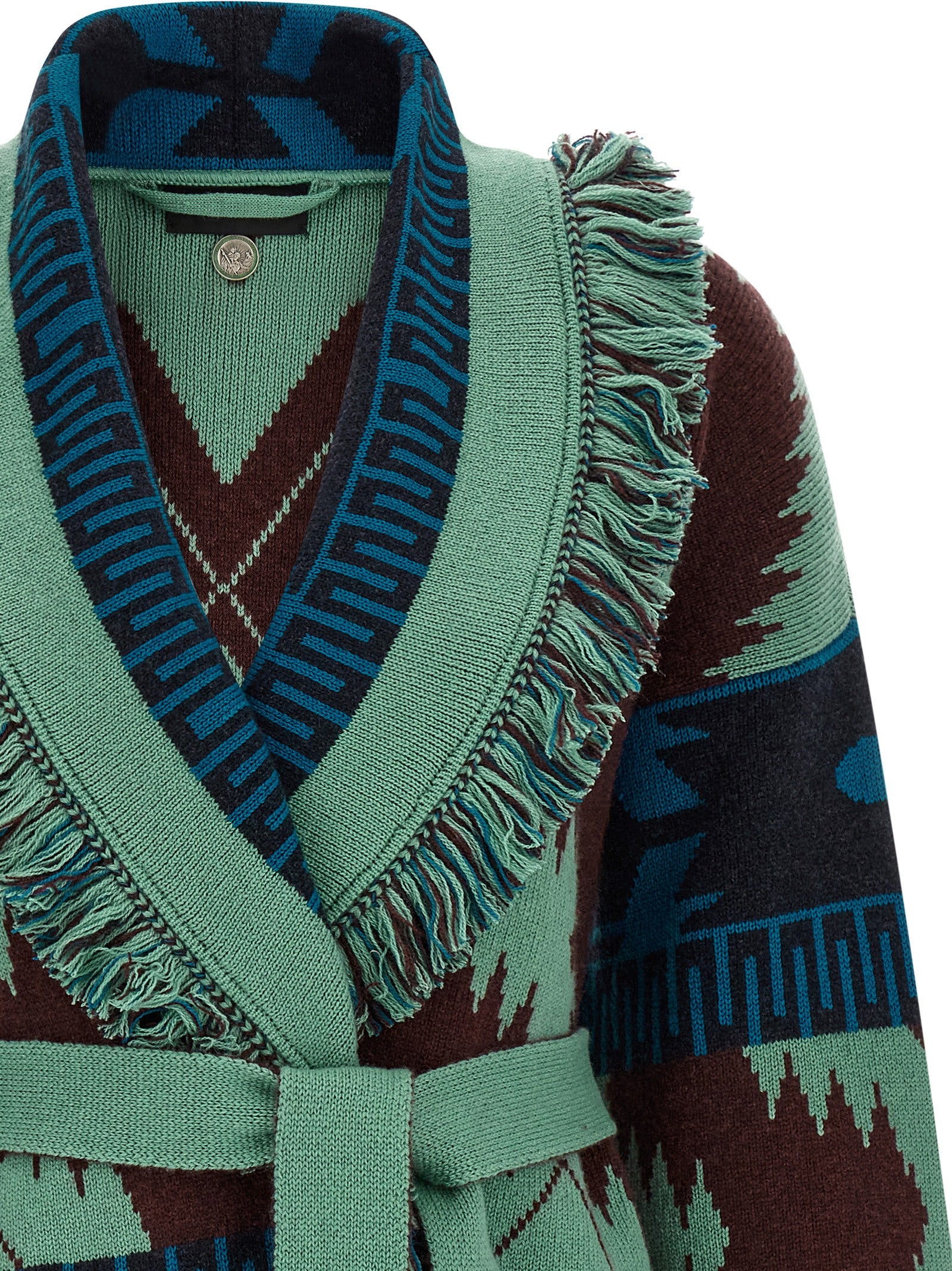 Cardigan by Alanui for women in cashmere multicolor, patterned & jacquard presents a textural silhouette, artfully finished with a textural wrap shawl-collar neckline and for a sophisticated, textural look.