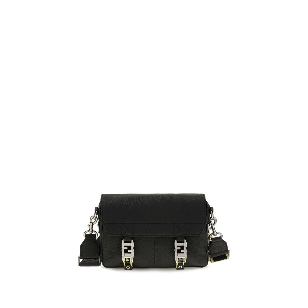 Crossbody Messenger Shoulder Bag by Fendi for men in bos taurus calfskin leather black & natural showcases a enviable silhouette, artfully detailed with a secure flap & clasp, organized built-in-compartments, and versatile crossbody-strap, shoulder-strap & adjustable-strap for a enviable look.