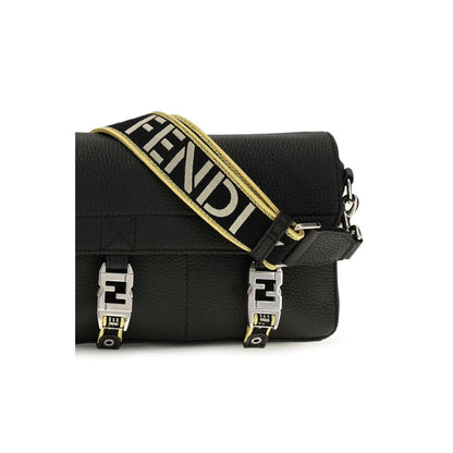 Crossbody Messenger Shoulder Bag by Fendi for men in bos taurus calfskin leather black & natural presents a versatile silhouette, showcasing a secure flap & clasp and versatile built-in-compartments with versatile crossbody-strap, shoulder-strap & adjustable-strap for a sophisticated look.