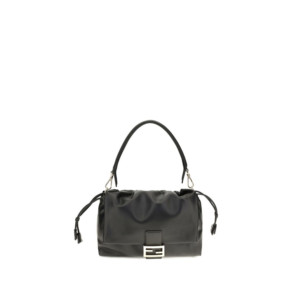 Shoulder Drawstring Baguette Bag by Fendi for women in bos taurus calf nappa leather black presents a versatile silhouette, showcasing a secure flap, drawstring, magnetic & button and versatile with versatile shoulder-strap & handle for a sophisticated look.