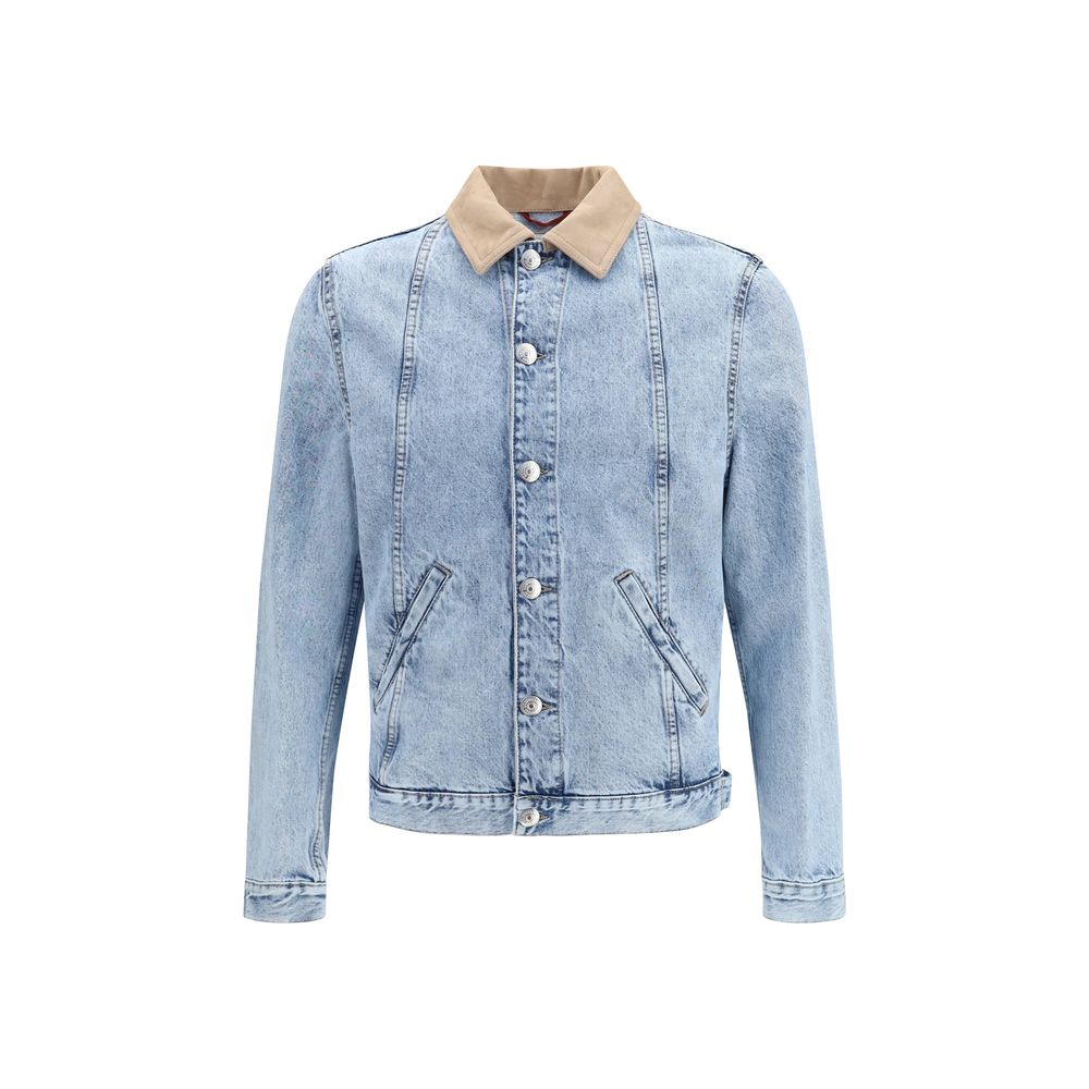Trucker Jacket by Brunello Cucinelli for men in denim cotton & suede leather blue features a dramatic silhouette, showcasing a sophisticated shirt-collar neckline and distinctive pockets for a dramatic aesthetic.