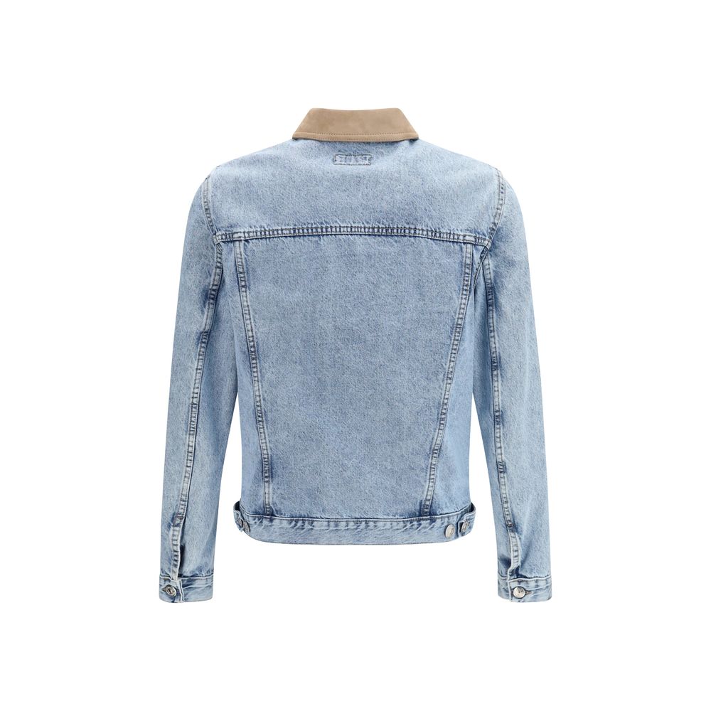 Trucker Jacket by Brunello Cucinelli for men in denim cotton & suede leather blue features an contemporary silhouette, showcasing a sophisticated shirt-collar neckline and contemporary pockets for a truly refined look.