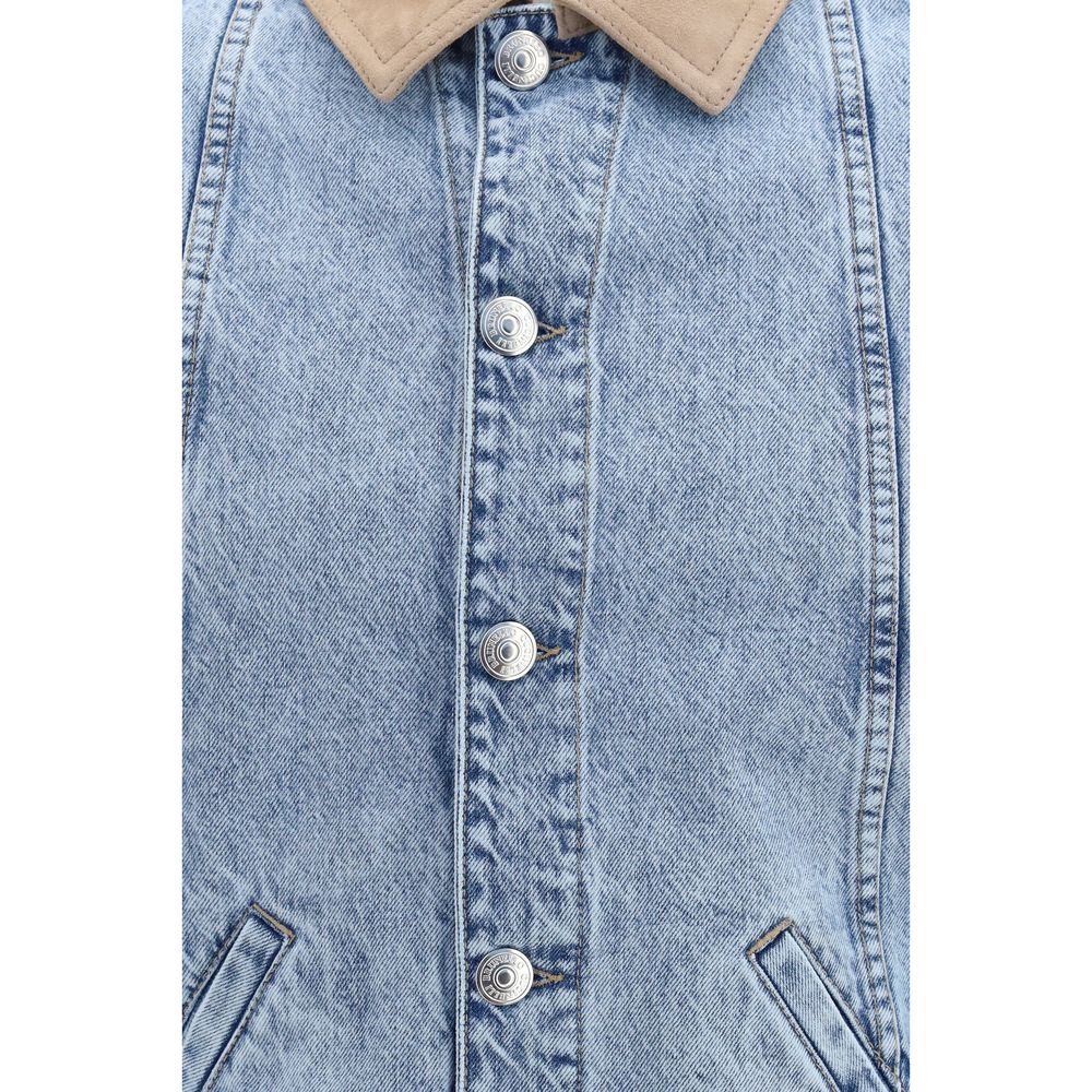 This Trucker Jacket by Brunello Cucinelli for men in denim cotton & suede leather blue exhibits a edgy silhouette, meticulously detailed with functional pockets and a edgy for a edgy finish.