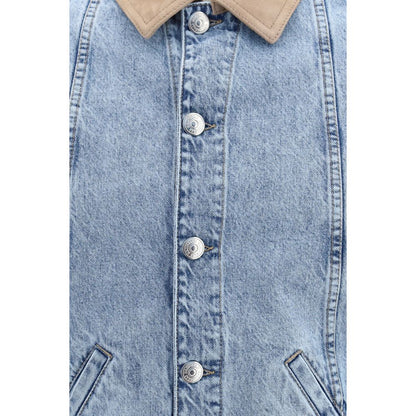 This Trucker Jacket by Brunello Cucinelli for men in denim cotton & suede leather blue exhibits a edgy silhouette, meticulously detailed with functional pockets and a edgy for a edgy finish.