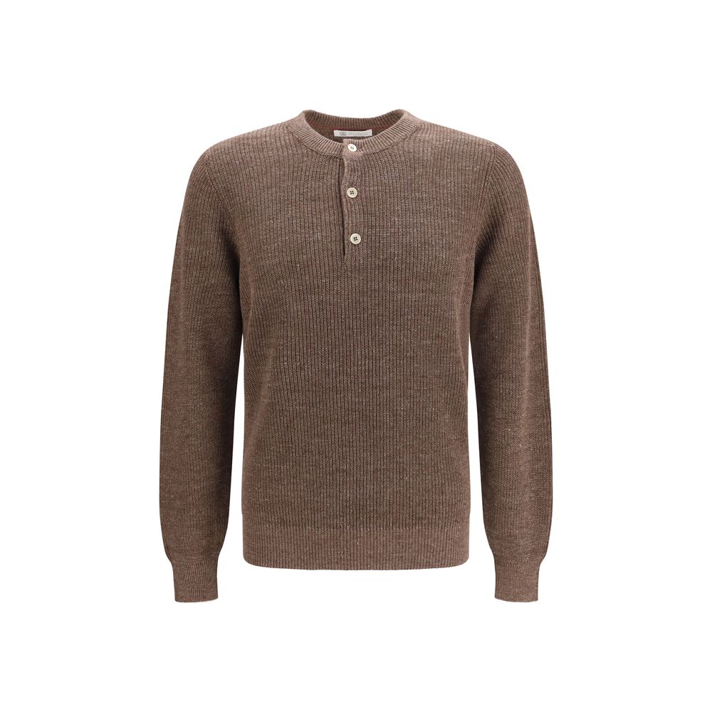 Sweatshirt by Brunello Cucinelli for men in linen & cotton brown features an provocated silhouette, detailed with a provocated and a refined crew neckline for a sophisticated aesthetic.