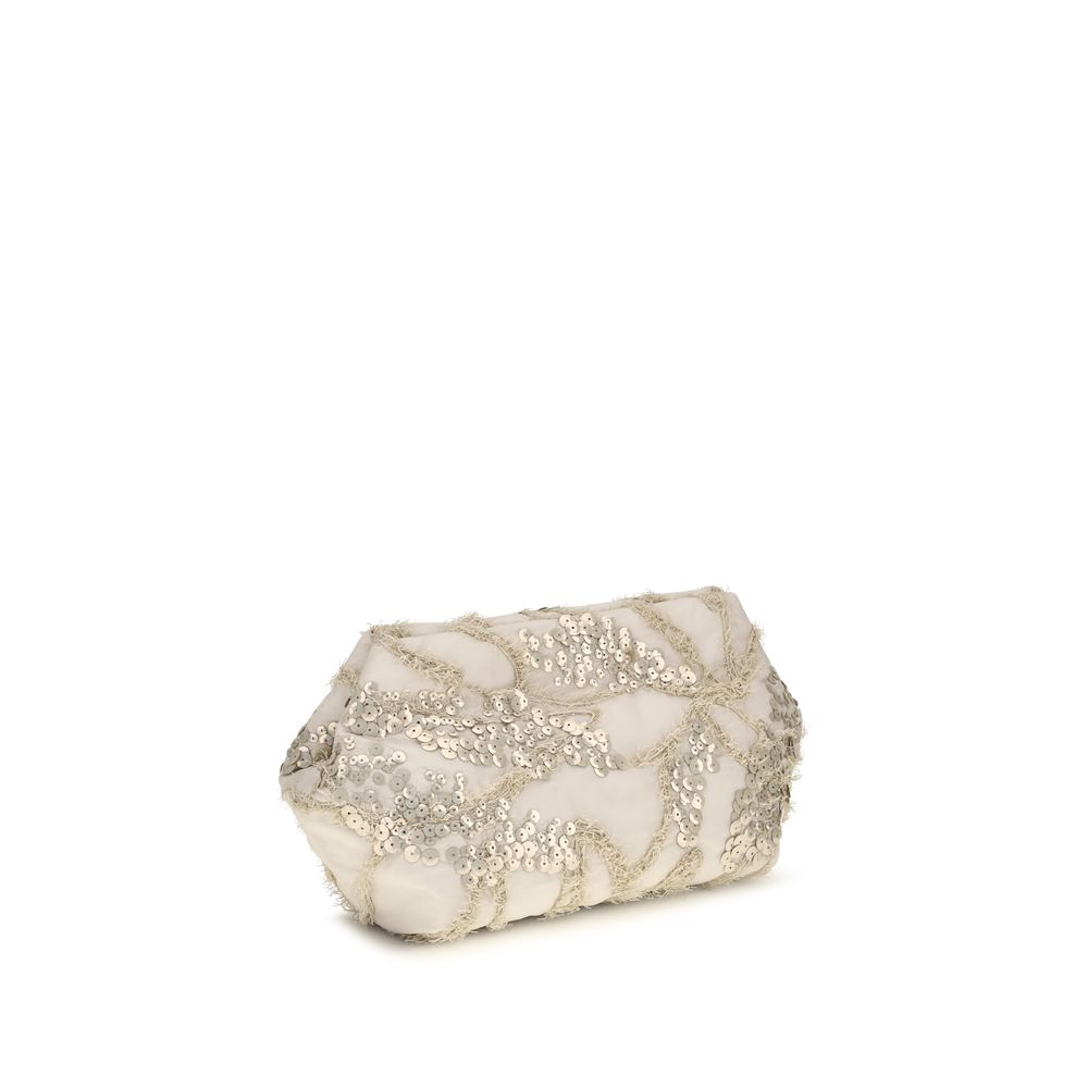 Shoulder Clutch Bag by Brunello Cucinelli for women in silk & sequins beige features an effortlessly chic silhouette with a secure magnetic, ample , and versatile shoulder-strap & adjustable-strap for effortlessly chic everyday luxury.