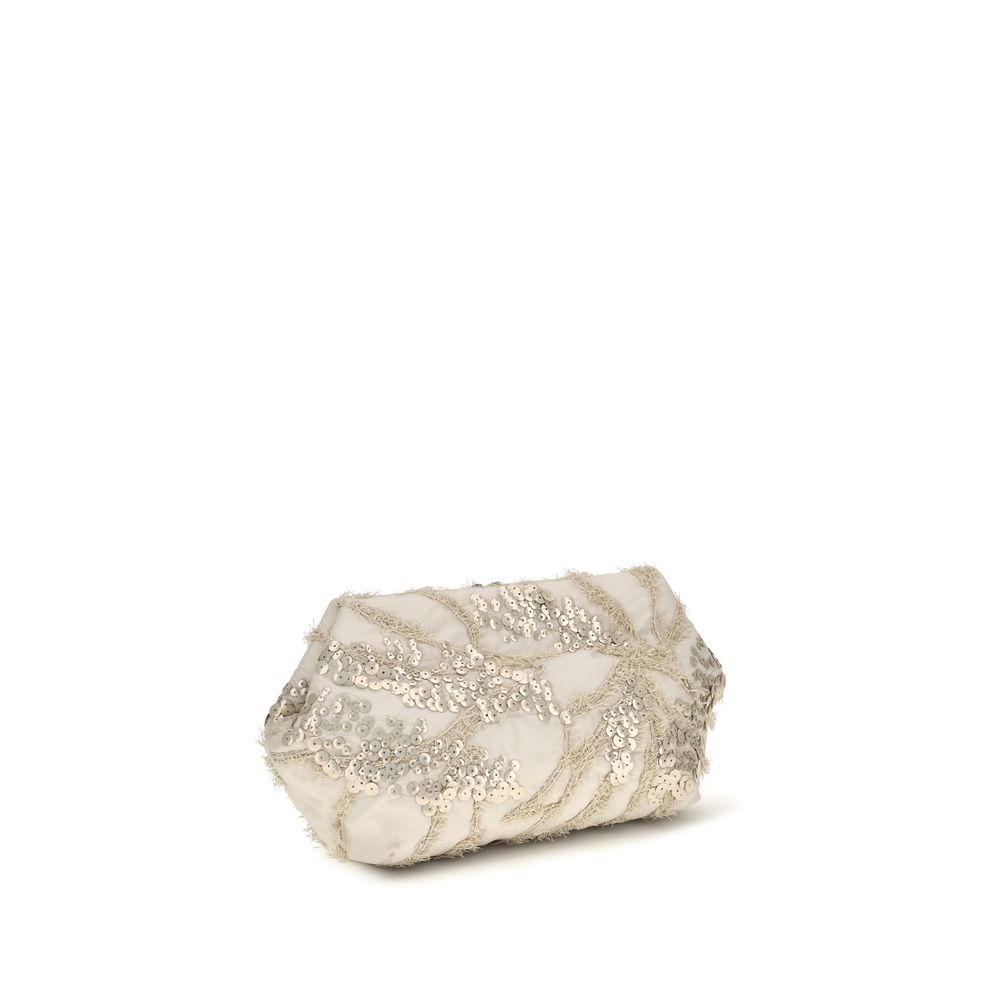 Shoulder Clutch Bag by Brunello Cucinelli for women in silk & sequins beige presents a versatile silhouette, showcasing a secure magnetic and versatile with versatile shoulder-strap & adjustable-strap for a sophisticated look.