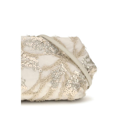 Shoulder Clutch Bag by Brunello Cucinelli for women in silk & sequins beige features a effortless sophistication silhouette, secured by a magnetic with ample and versatile shoulder-strap & adjustable-strap for a effortless sophistication finish.