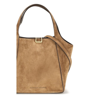 Small Shoulder Bucket Bag by Brunello Cucinelli for women in bos taurus suede calf leather beige features a effortless chic silhouette with a secure magnetic & buckle, ample , and versatile shoulder-strap, adjustable-strap & handle for a effortless chic finish.
