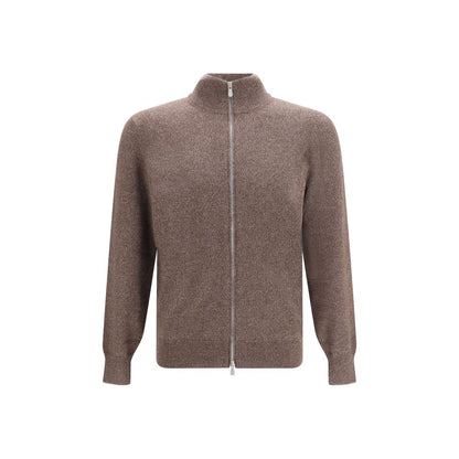 Cardigan by Brunello Cucinelli for men in cashmere & capra leather brown features an crisp silhouette, showcasing a sophisticated high-neck neckline and detail for a truly crisp finish.