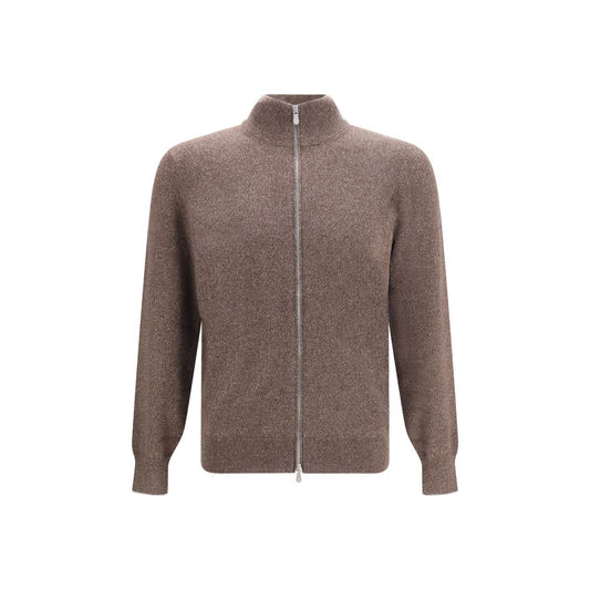 Cardigan by Brunello Cucinelli for men in cashmere & capra leather brown features an crisp silhouette, showcasing a sophisticated high-neck neckline and detail for a truly crisp finish.