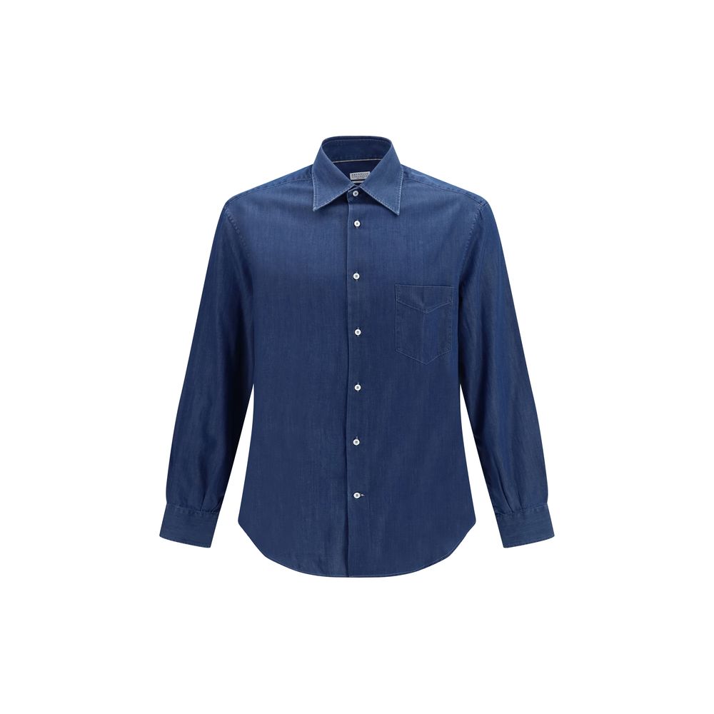 Brunello Cucinelli Men's Straight Regular Fit Denim Cotton Shirt - Blue Pearl