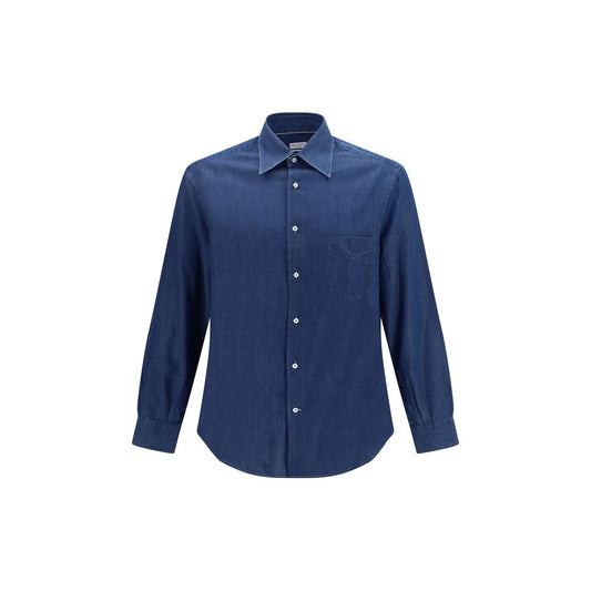 Brunello Cucinelli Men's Straight Regular Fit Denim Cotton Shirt - Blue Pearl
