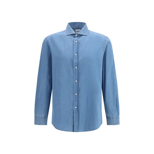 Shirt by Brunello Cucinelli for men in denim cotton blue, pearl & signature showcases a sublime silhouette, artfully detailed with a sublime and for a sophisticated, sublime finish.