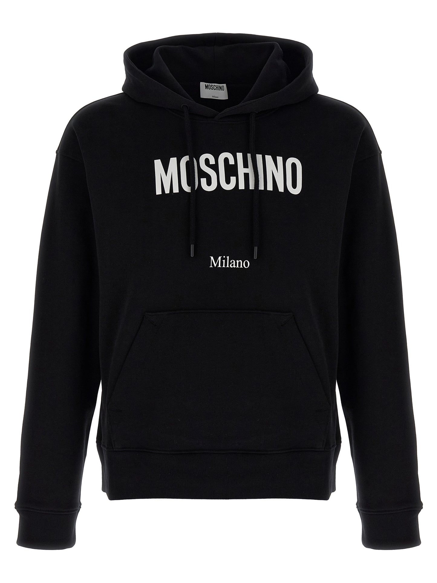 Sweatshirt Hoodie by Moschino for men in cotton black & print features an luminous silhouette, showcasing a sophisticated hooded neckline and for a truly luminous look.