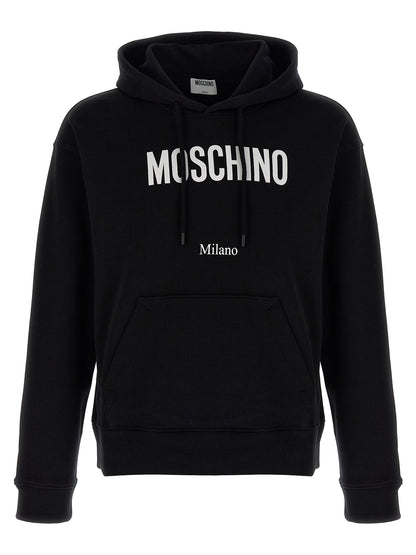 Sweatshirt Hoodie by Moschino for men in cotton black & print features an luminous silhouette, showcasing a sophisticated hooded neckline and for a truly luminous look.