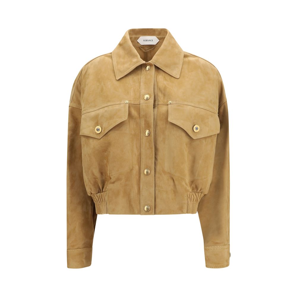 Bomber Jacket by Versace for women in suede lamb leather beige features a dramatic silhouette, showcasing a sophisticated shirt-collar neckline and distinctive pockets for a dramatic aesthetic.