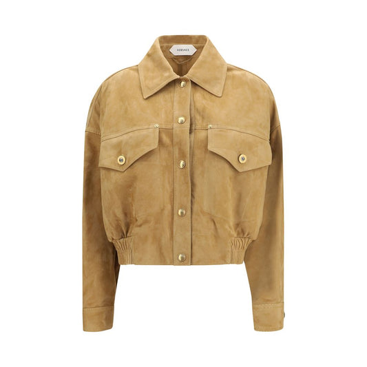 Bomber Jacket by Versace for women in suede lamb leather beige features a dramatic silhouette, showcasing a sophisticated shirt-collar neckline and distinctive pockets for a dramatic aesthetic.