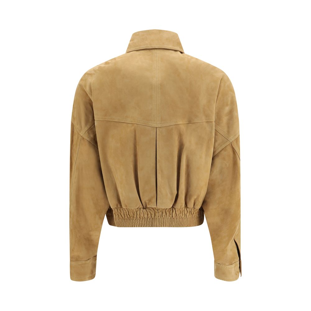 Bomber Jacket by Versace for women in suede lamb leather beige features an contemporary silhouette, showcasing a sophisticated shirt-collar neckline and contemporary pockets for a truly refined look.