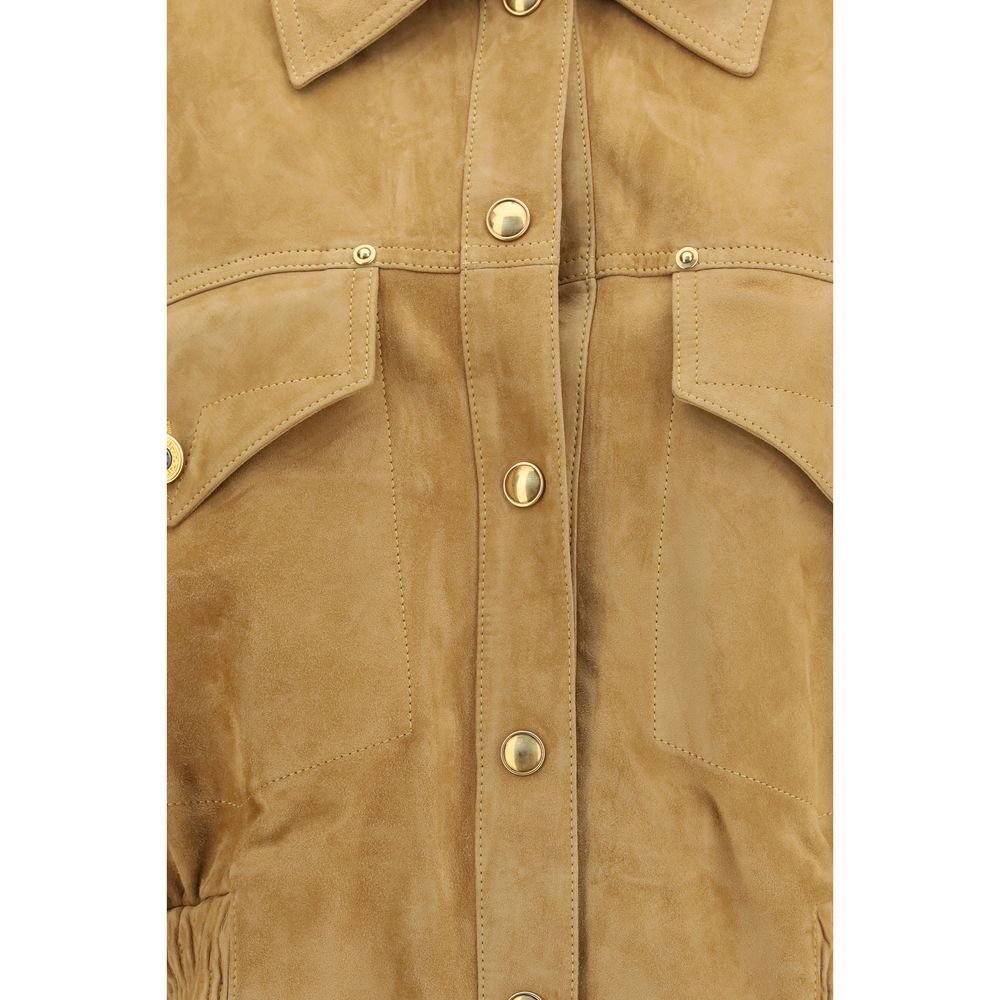 This Bomber Jacket by Versace for women in suede lamb leather beige exhibits a edgy silhouette, meticulously detailed with functional pockets and a edgy for a edgy finish.