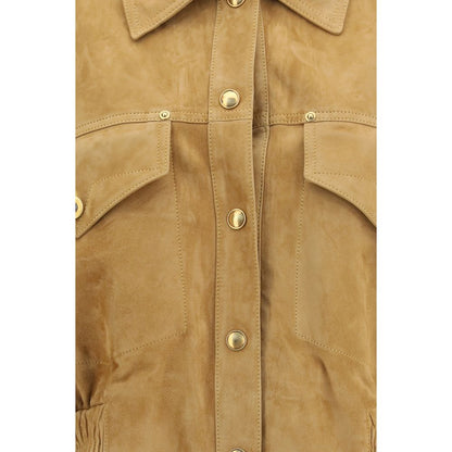 This Bomber Jacket by Versace for women in suede lamb leather beige exhibits a edgy silhouette, meticulously detailed with functional pockets and a edgy for a edgy finish.