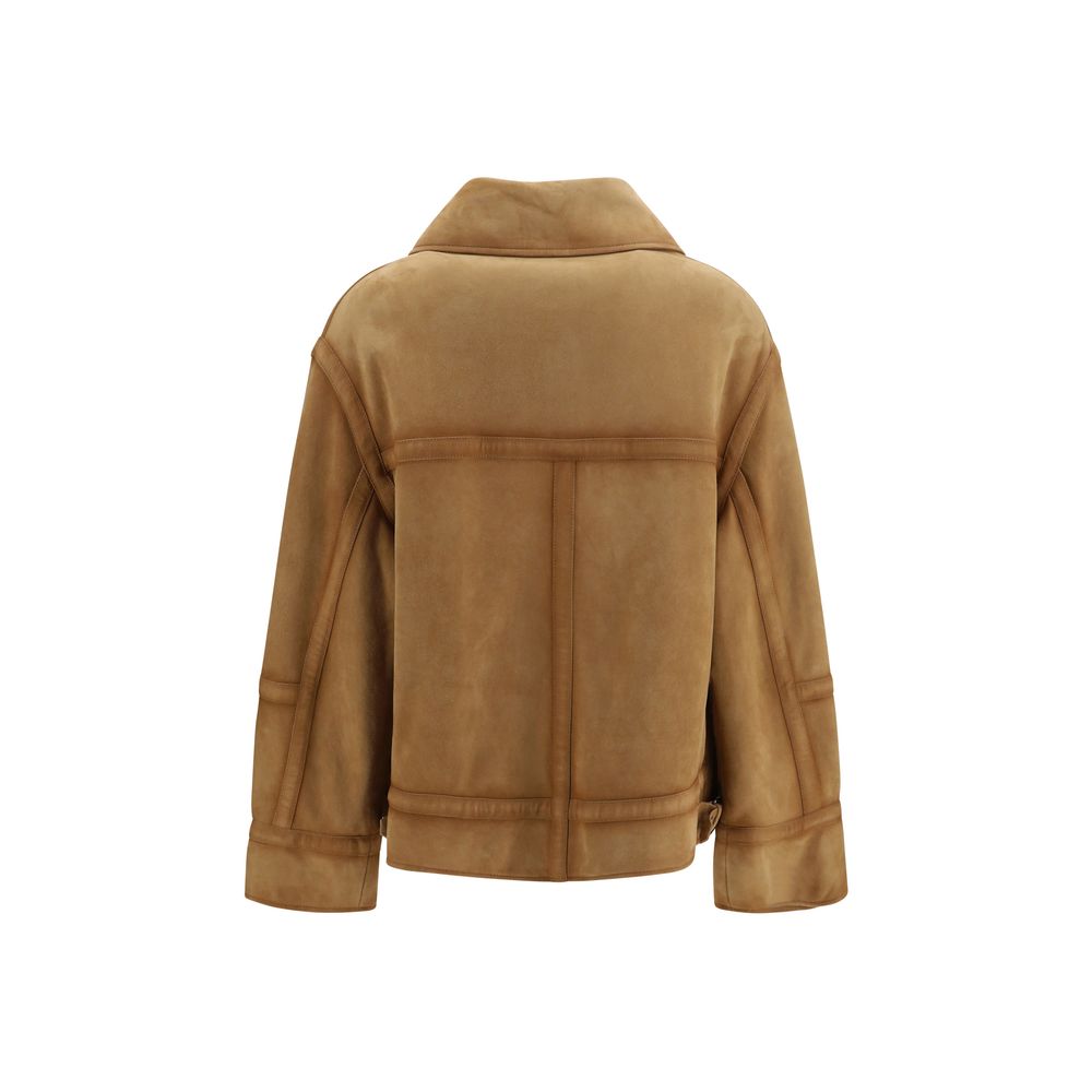 Bomber Jacket by Ermanno Scervino for women in suede leather brown showcases a bohemian silhouette, artfully detailed with a bohemian and signature pockets for a truly bohemian finish.