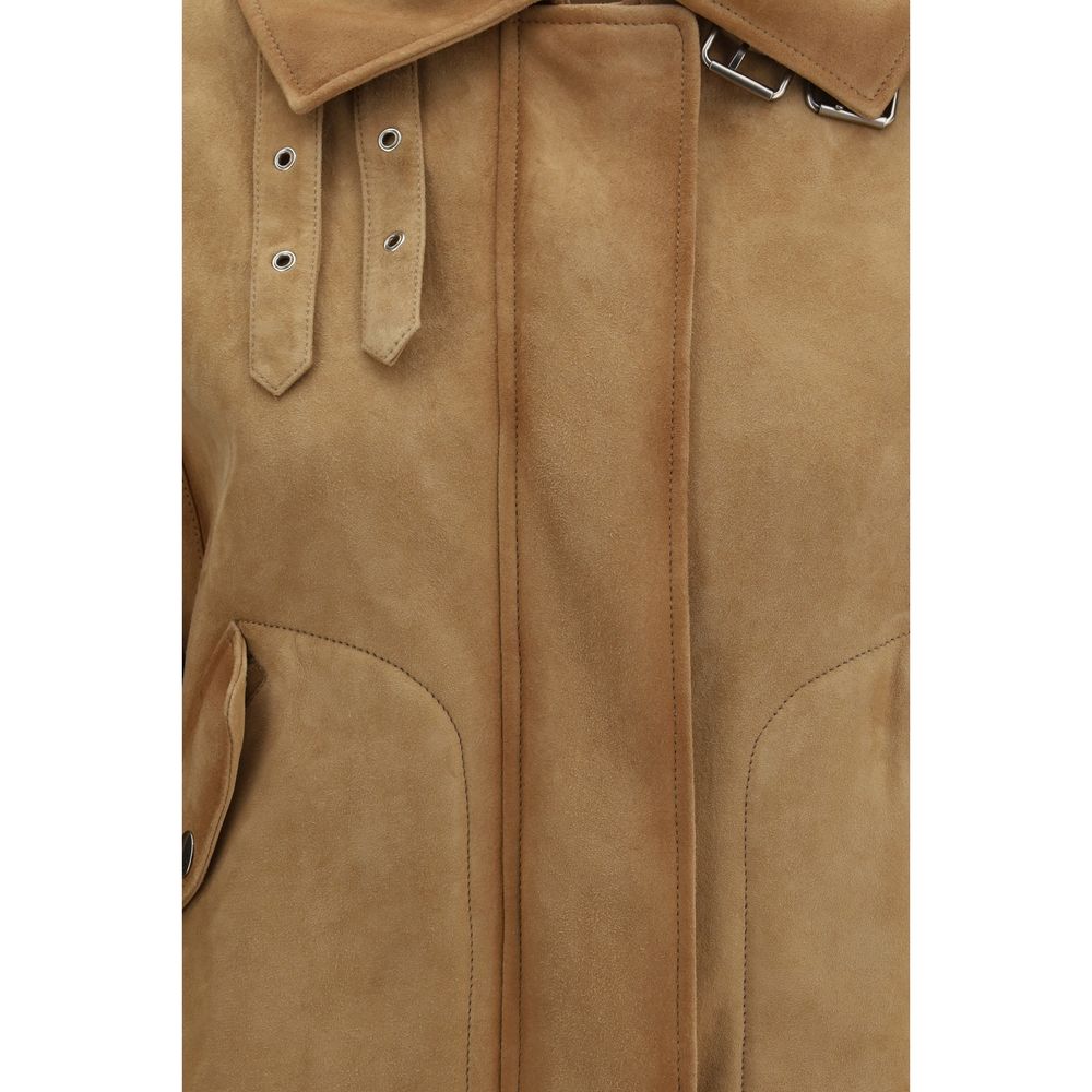 This Bomber Jacket by Ermanno Scervino for women in suede leather brown exhibits a edgy silhouette, meticulously detailed with functional pockets and a edgy for a edgy finish.