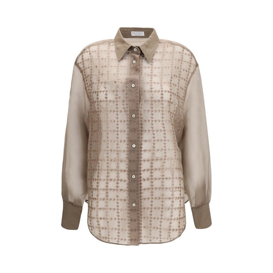 Shirt by Brunello Cucinelli for women in silk & sequins beige, patterned & checked presents a discerning silhouette, showcasing a sophisticated and for a truly discerning finish.