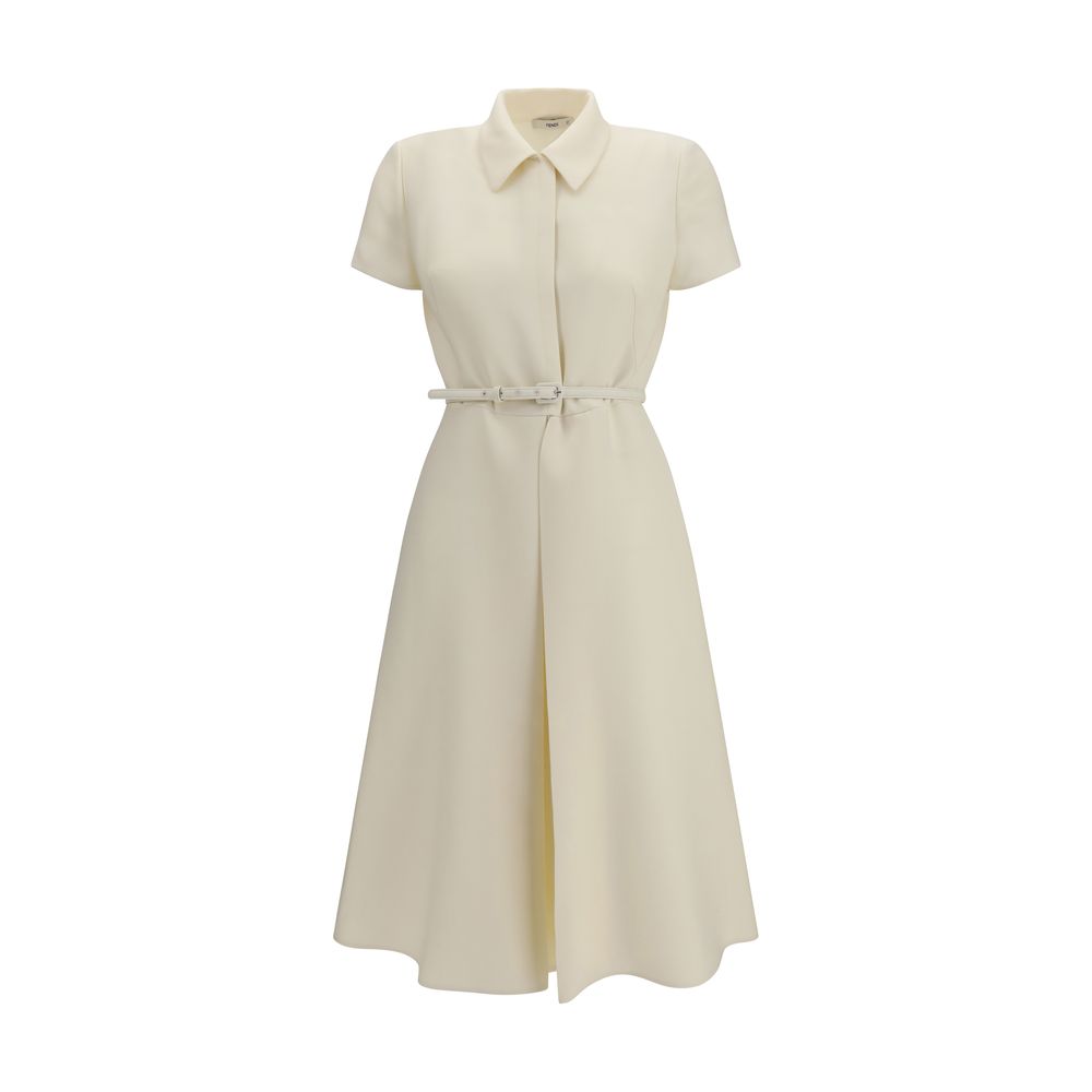 Dress by Fendi for women in wool & silk beige features an cute silhouette, detailed with a short-sleeve and shirt-collar neckline that elegantly flows into a cute short long.