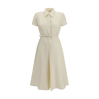 Dress by Fendi for women in wool & silk beige features an cute silhouette, detailed with a short-sleeve and shirt-collar neckline that elegantly flows into a cute short long.